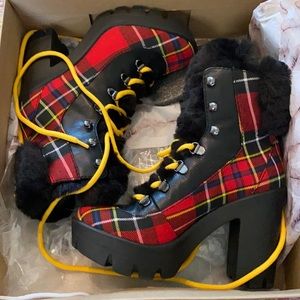 JS Red Combo Kilt Plaid Platform Boots
